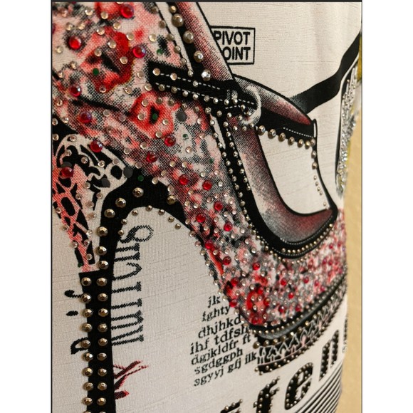 Striped Puffy Sleeve Short Sleeve High Heeled Shoe Studded Top - Picture 2 of 11